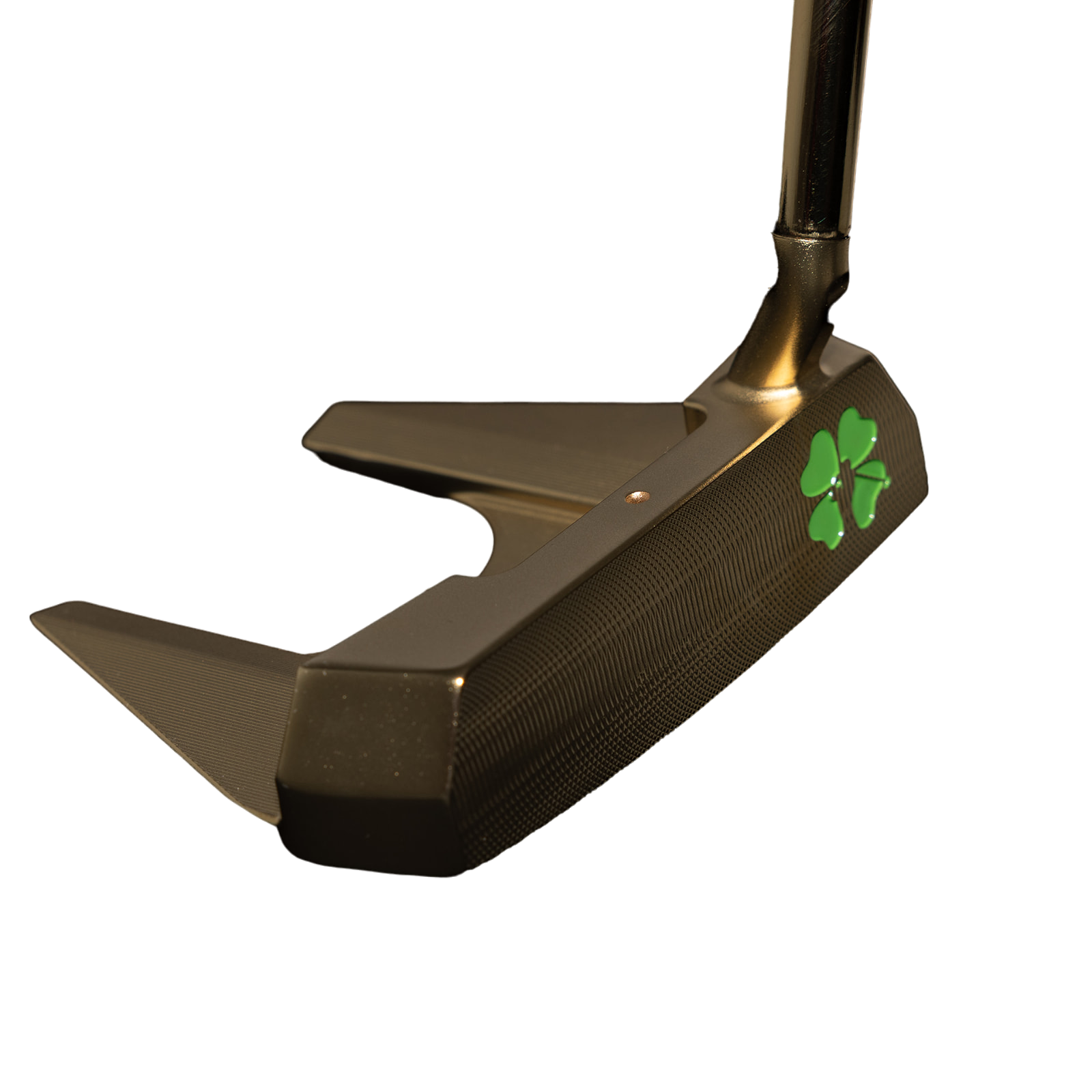 Golden golf club head with 'Lucky' and a clover design engraved.